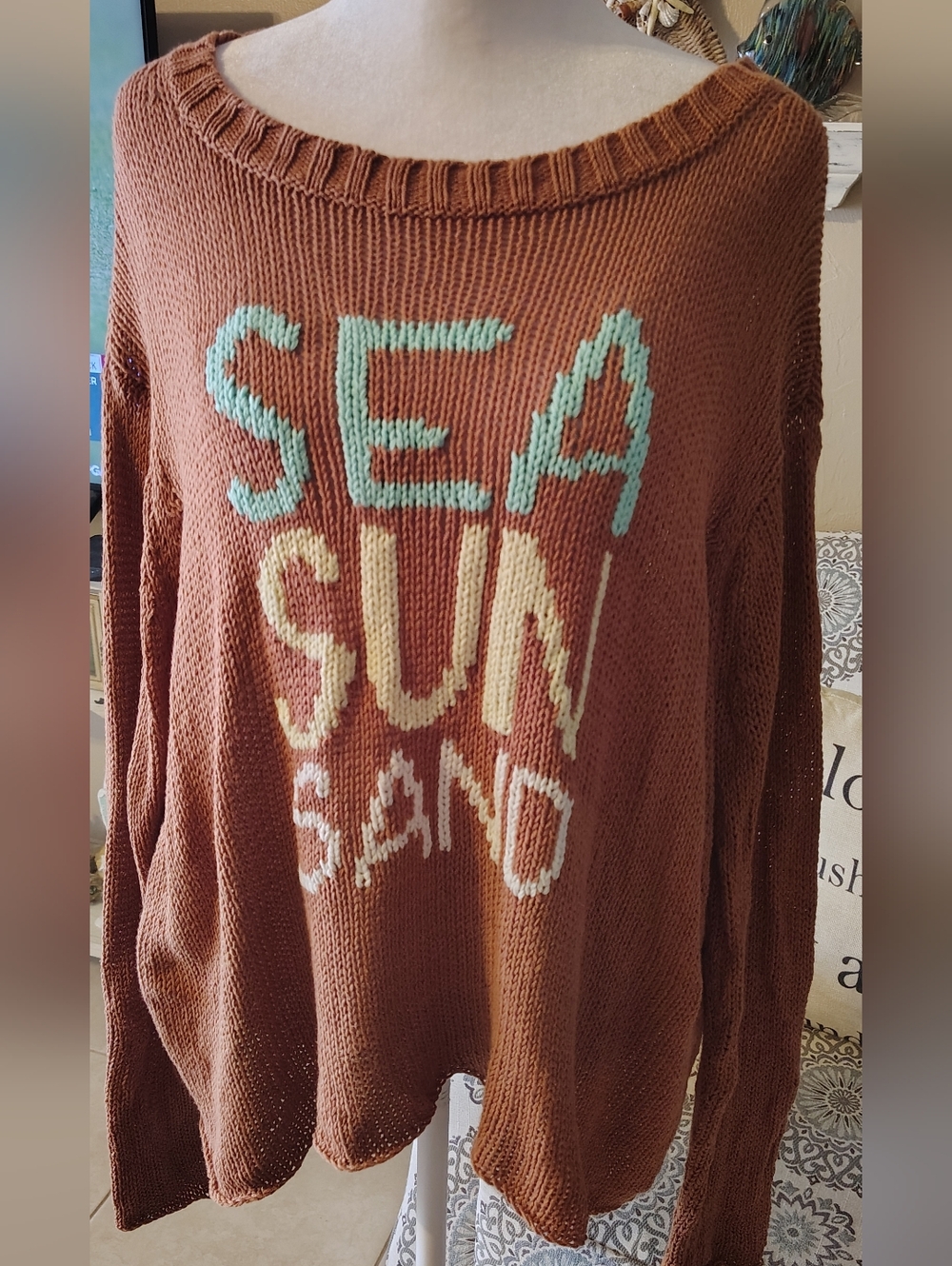 Wooden Ships Brown Loose Knit Oversized Sweater with SEA SUN SAND Graphic